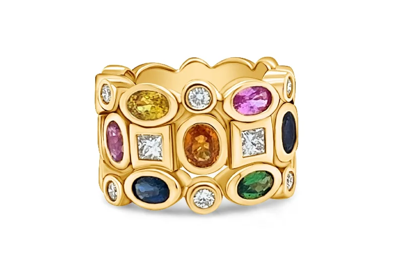 women’s rings with sapphires and diamonds for engagement jewelry with rubies-Ring Multicolor Sapphires & Diamonds in Yellow Gold