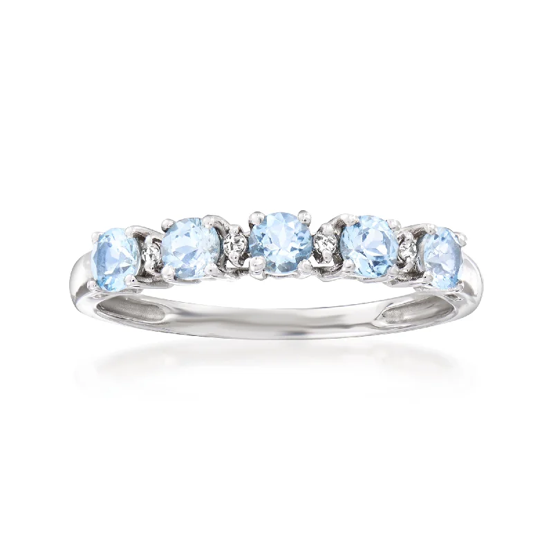 women’s rings with sapphires for engagement jewelry with diamonds-Ross-Simons Aquamarine Ring With Diamond Accents in 14kt White Gold