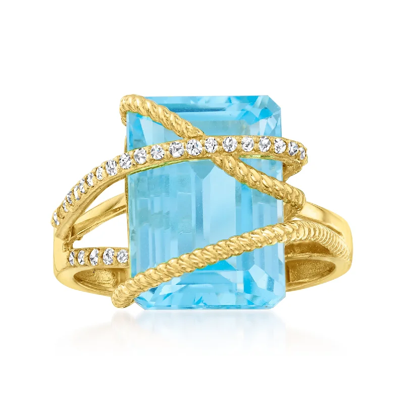 women’s rings with sapphires for engagement bands with rubies-Ross-Simons Blue Topaz and . Diamond Crisscross Ring in 14kt Yellow Gold