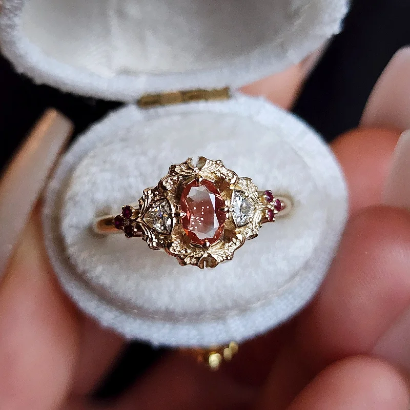 custom engagement rings with diamonds and sapphires for women-*Setting Only* Ophelia Delicate Filigree Engagement Ring with Trillions and Rubies 14k Gold