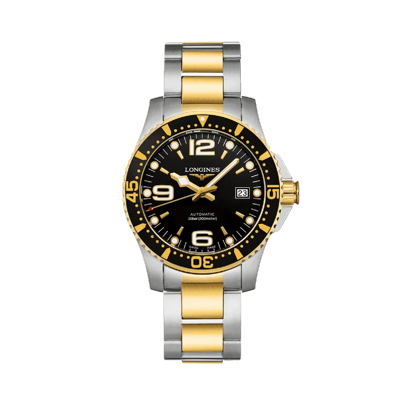 men's watches with customizable settings for fitness and health tracking -Longines Hydro Conquest Men's 41mm Automatic Stainless Steel & Yellow IP L3.781.3.56.7