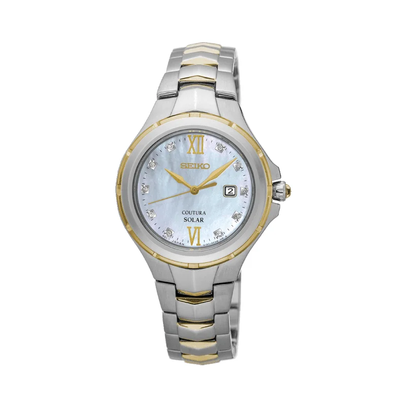 sport watches for women with step counting, heart rate tracking, and GPS -Seiko Coutura Women's 29mm Stainless Steel & Yellow IP Solar Watch SUT308P