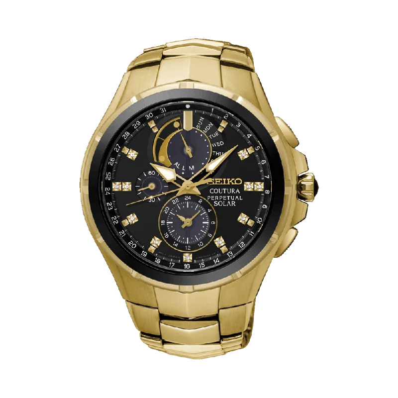 luxury watches for men with precision movement and solar-powered features -Seiko Coutura Men's 44mm Gold Plated Solar Perpetual Watch SSC572P