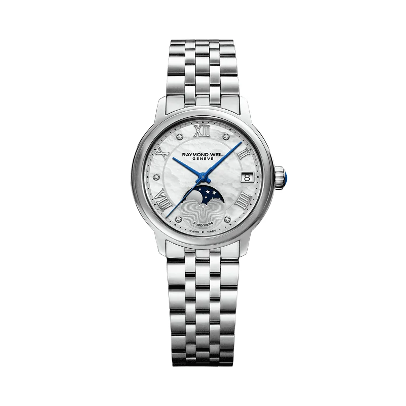 sport watches for women with heart rate tracking and multi-sport modes -Raymond Weil Women's Maestro Stainless Steel Automatic Moon Phase Dress Watch Mother-Of-Pearl Diamond Dial 2139-ST-00965