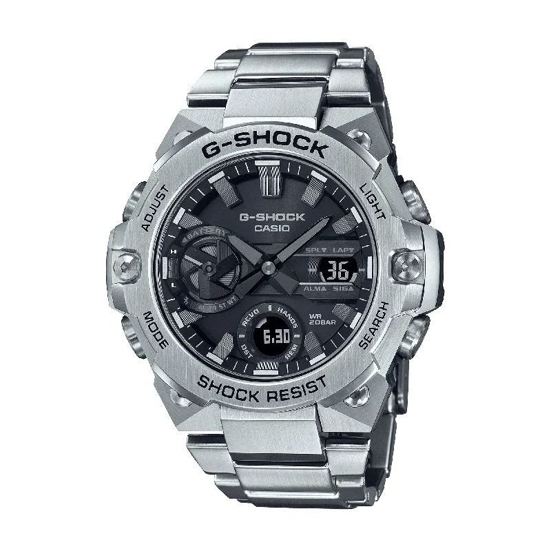 sport watches for men with rugged construction and fitness tracking -Casio Men's G-Shock Stainless Steel Analogue Digital Sport Watch Black Dial GSTB400D-1A