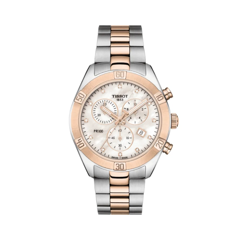 watches for women with delicate metal bands and bold digital faces -Tissot T-Sport PR 100 Women's 38mm Stainless Steel & Rose Plated Quartz Chronograph Watch T101.917.22.116.00