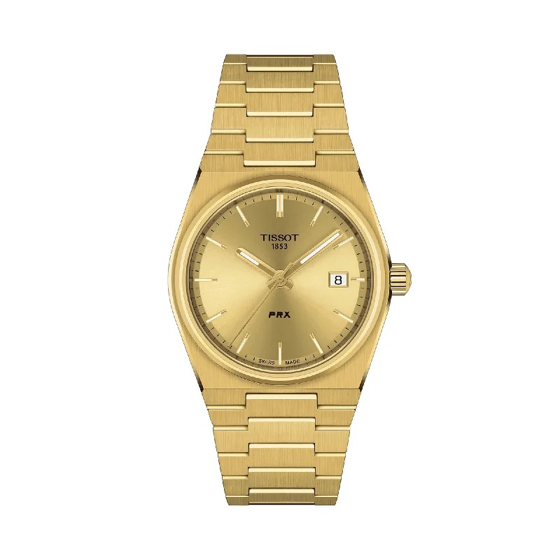 men's watches with digital chronographs and solar-powered movement -Tissot PRX Women's 35mm Gold PVD Quartz Watch T137.210.33.021.00