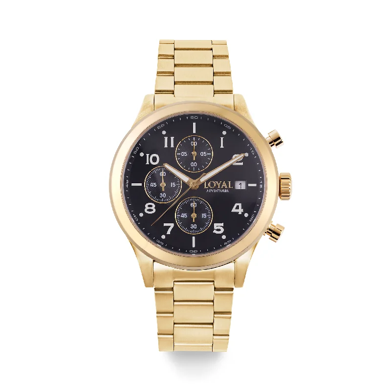 men's watches with advanced fitness tracking apps and rugged bands -Loyal Adventurer Men's 42mm Gold PVD Quartz Chronograph Watch