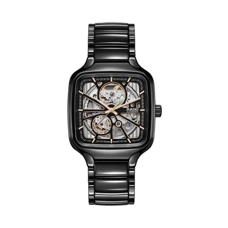 watches for women with multi-functional designs and eco-friendly bands -Rado True Square Men's 38mm High-Tech Ceramic Skeleton Automatic Watch R27086162