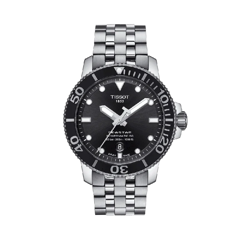 watches for women with fitness tracking and elegant designs -Tissot Men's Seastar Stainless Steel Automatic Diver Watch Black Dial T120.407.11.051.00