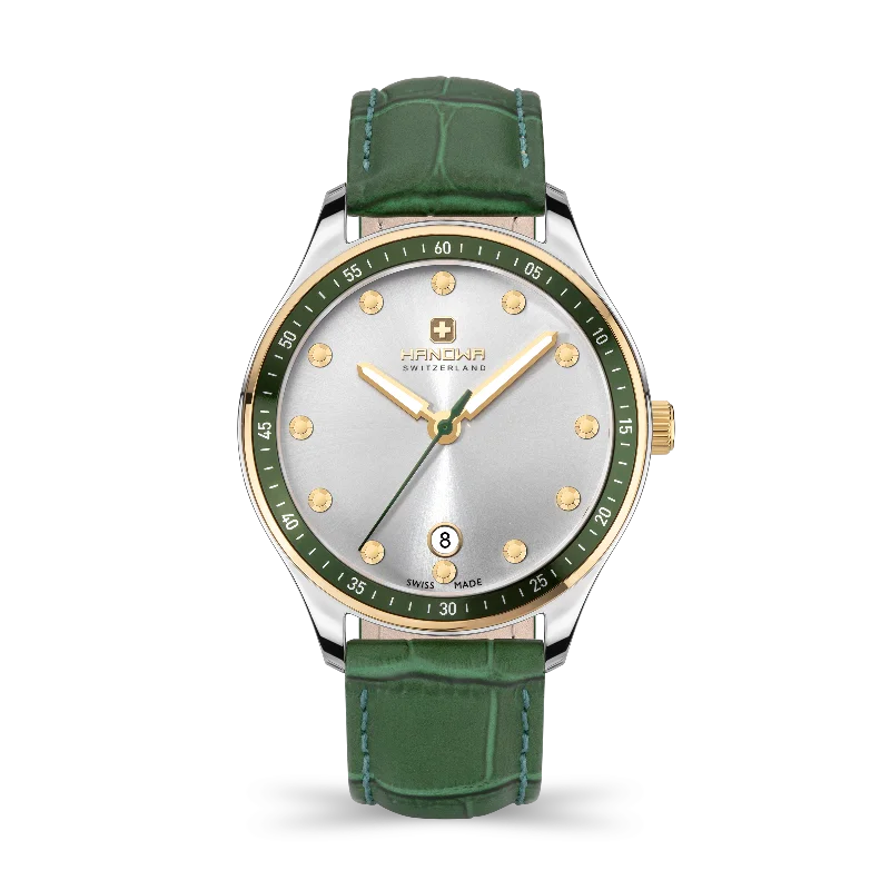 Silver dial - Gold/Stainless steel case - Green leather strap