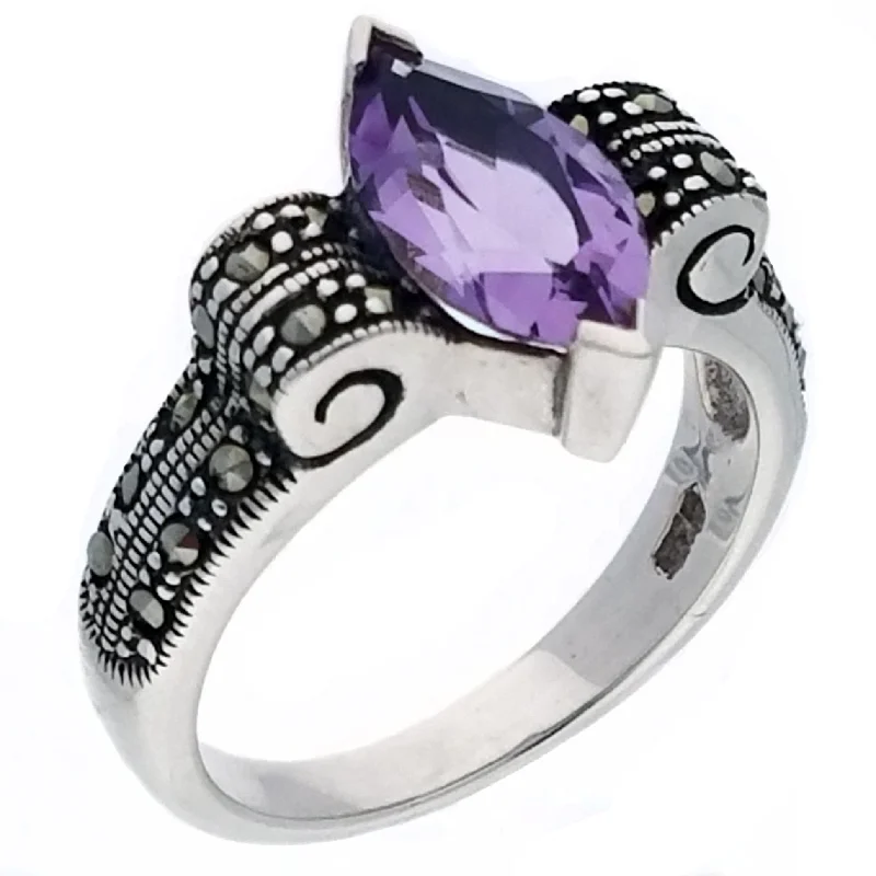 men’s engagement rings with diamonds and sapphires for wedding bands-Genuine Marquise Amethyst and Marcasite Deco Swirl Sterling Silver Ring