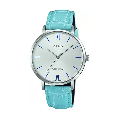 men's watches with digital functionality and durable rubber straps -Casio LTP-VT01L-7B3 Women's Minimalistic Silver Dial Blue Leather Band Analog Watch