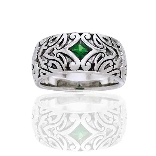 men’s wedding bands with diamonds for engagement with sapphires-Maori Star Band Sterling Silver Green Glass Ring