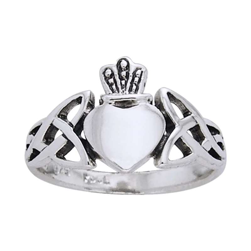 custom rings with sapphires for wedding bands for women-Classic Irish Claddagh Celtic Knotwork Sterling Silver Ring