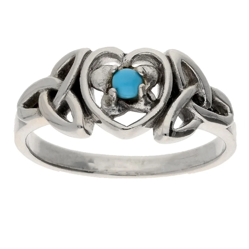 women’s custom wedding bands with diamonds and sapphires-December Sterling Silver Turquoise Celtic Trinity Knot Heart