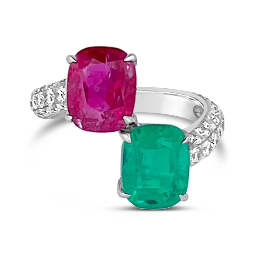 men’s wedding rings with sapphires and diamonds for wedding engagement-Emerald, Ruby & Diamond Bypass Ring