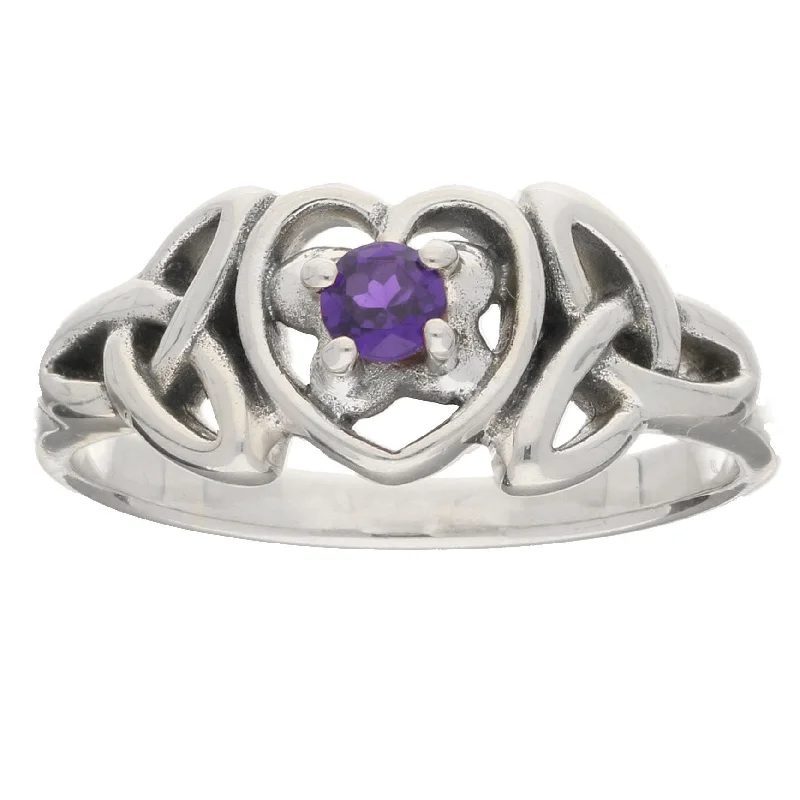 vintage wedding rings with diamonds and sapphires for engagement-February Birthstone Ring Sterling Silver Amethyst Celtic Trinity Knot Heart