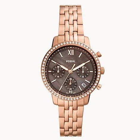 sport watches for women with built-in GPS and health features -Fossil Women's Rose Gold Chronograph Stainless Steel Watch ES5218