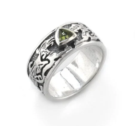 men’s platinum wedding bands with sapphires and rubies for engagement bands-Genuine Green Moldavite Meteor Celtic Knot Dragon Sterling Silver Ring