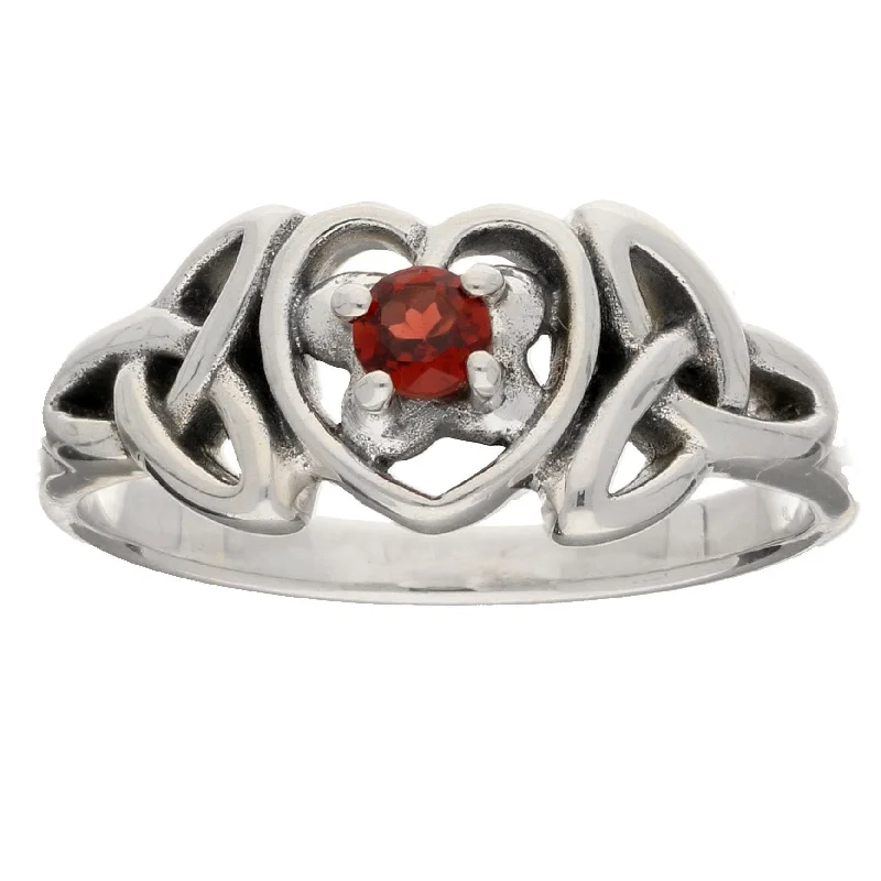 men’s rings with sapphires for wedding engagement-January Birthstone - Sterling Silver Garnet Celtic Trinity Knot Ring