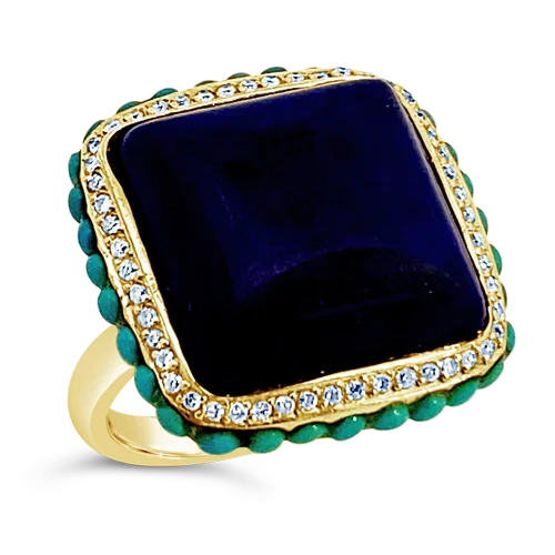 women’s platinum wedding bands with sapphires and diamonds for engagement-Lapis, Turquoise & Diamond Ring