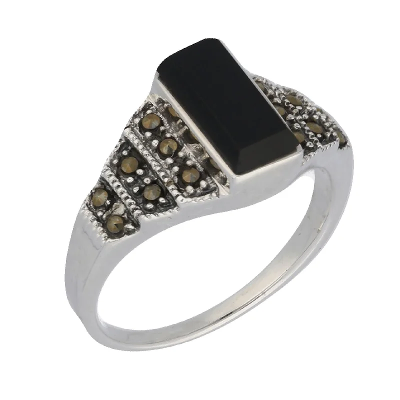 men’s custom engagement rings with sapphires for wedding bands-Marcasite and Black Onyx Sterling Silver Bar Ring