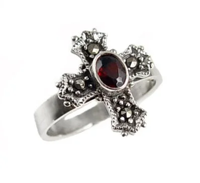 men’s wedding rings with sapphires for engagement rings with diamonds-Medieval Cross with Marcasite and Garnet Sterling Silver Ring