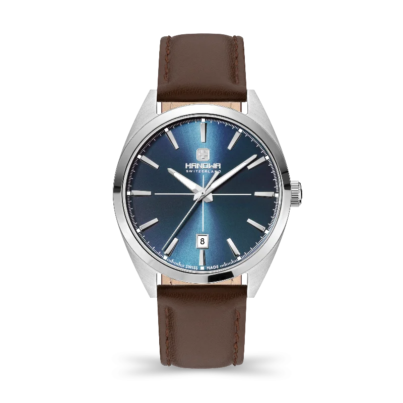 Blue dial - Stainless steel case  - Brown leather strap