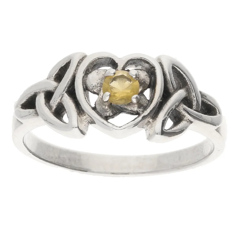 women’s rings with sapphires and diamonds for custom wedding bands-November Ring - Sterling Silver Citrine Celtic Trinity Knot Heart