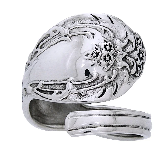 men’s platinum wedding rings with sapphires and diamonds for engagement-Ornate Sterling Silver Adjustable Spoon Ring