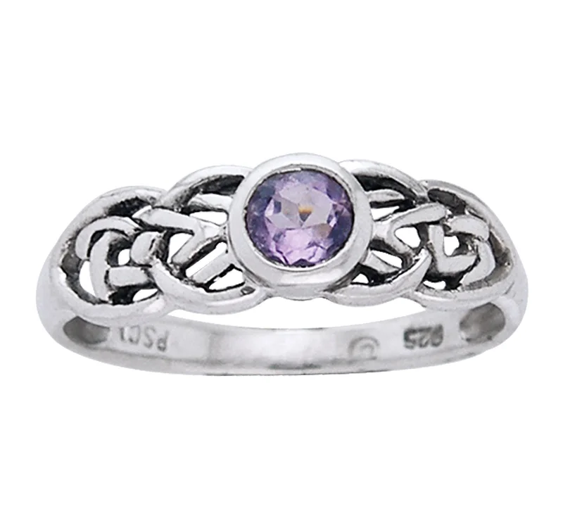 women’s rings with sapphires for engagement bands with rubies-Petite Celtic Knot Birthstone Ring Sterling Silver Genuine Amethyst For February