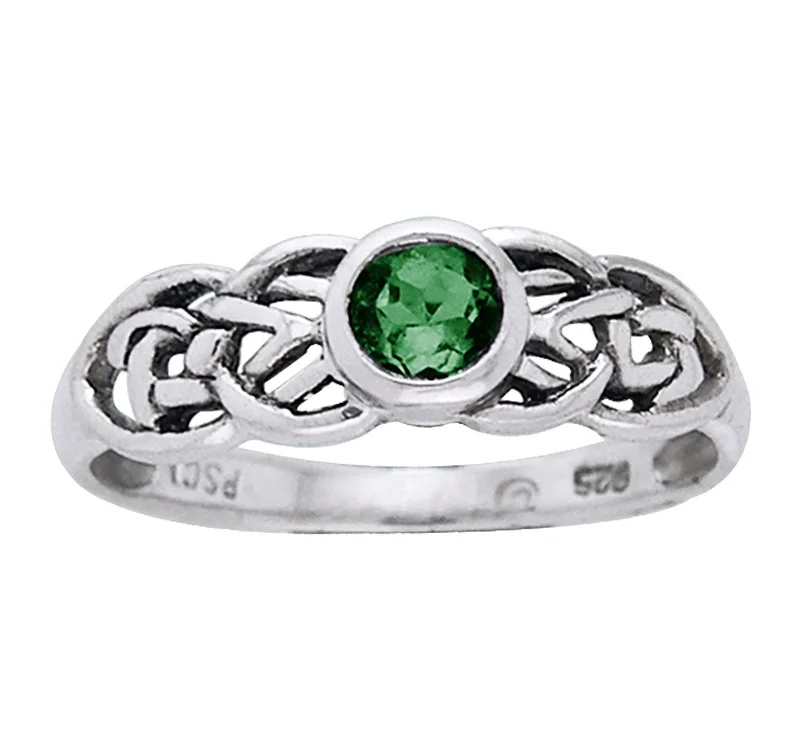 women’s engagement rings with sapphires and diamonds for wedding engagement-Petite Celtic Knot Birthstone Ring Sterling Silver Green Glass For May