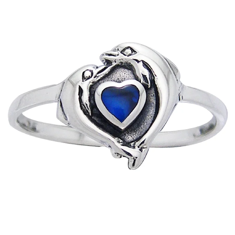 women’s rings with sapphires for wedding rings with diamonds-Petite Dolphin Heart Ring Sterling Silver and Paua Shell