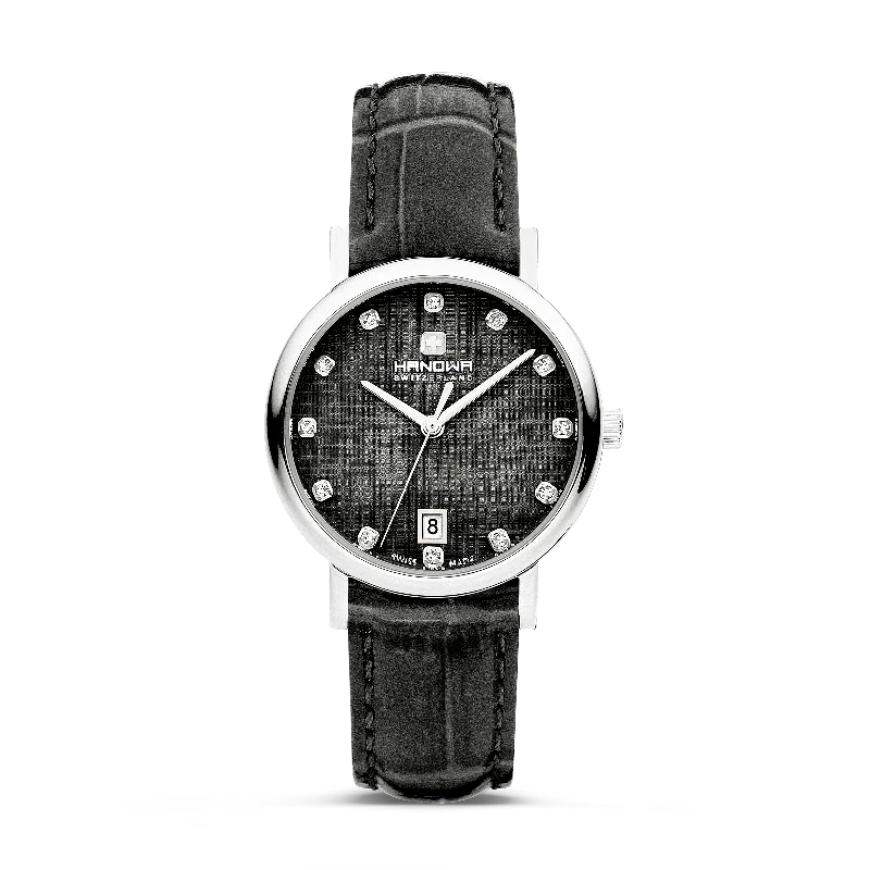 Black dial - Silver stainless steel case - Black leather strap