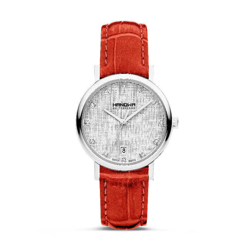 White dial - Silver stainless steel case - Red leather strap