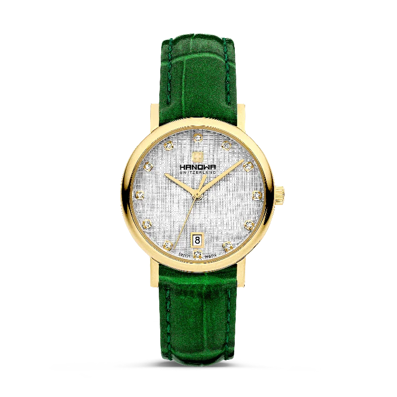 Grey dial - Gold stainless steel case - Green leather strap