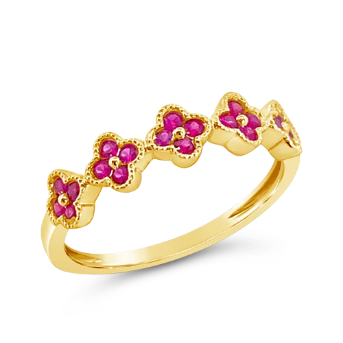 women’s custom-made wedding bands with sapphires and diamonds-Ruby Flower/Clover Ring