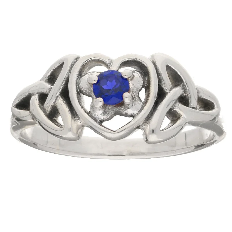 vintage rings with diamonds and sapphires for men’s engagement-September Birthstone - Sterling Silver Sapphire Celtic Trinity Knot Heart Ring