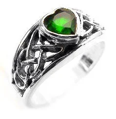 men’s wedding rings with sapphires for engagement jewelry with rubies-Silver Celtic Knot and Green Crystal Heart Ring