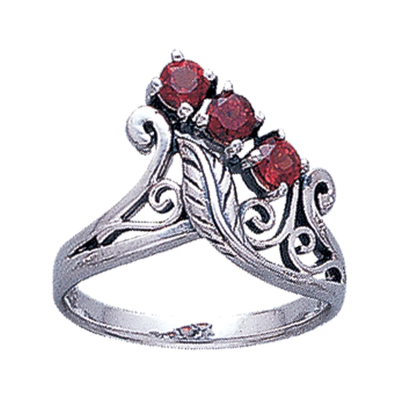 vintage engagement rings with sapphires for wedding rings-Sterling Silver 3-Stone Faceted Garnet Flower and Leaf Ring