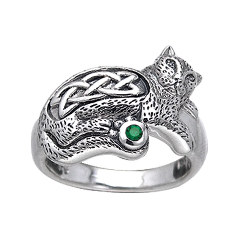 men’s engagement rings with sapphires for custom-made wedding bands-Sterling Silver Celtic Knot Green Glass Cat Ring