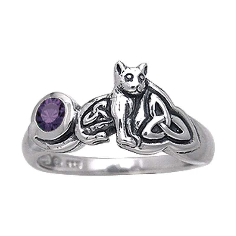 custom wedding rings with sapphires for engagement jewelry with diamonds-Sterling Silver Celtic Knotwork Amethyst Cat Kitten Ring