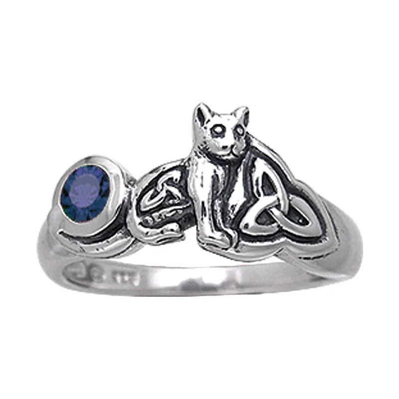 men’s wedding rings with sapphires for custom engagement with rubies-Sterling Silver Celtic Knotwork Synthetic Sapphire Cat Kitten Ring