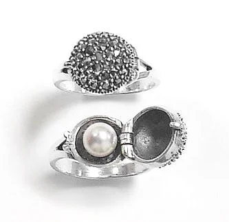 custom-made wedding rings with sapphires for women’s wedding engagement-Sterling Silver Marcasite and Hidden Pearl Ring