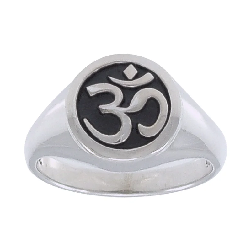 vintage wedding rings with sapphires for custom engagement jewelry-Sterling Silver OM or Aum Hindu Yoga Symbol Round Ring