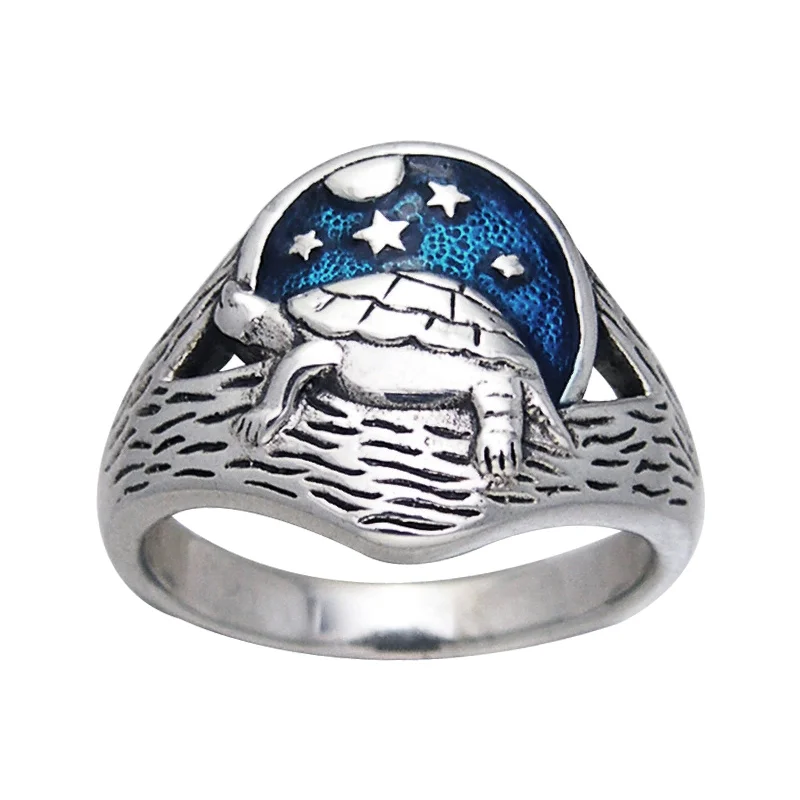 men’s wedding rings with sapphires for wedding engagement bands-Sterling Silver Sea Turtle Beach at Night Scene Moon Stars Ring