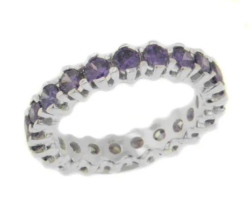 women’s custom wedding bands with sapphires and diamonds-Sterling Silver Simulated Amethyst Purple CZ Eternity Band Ring