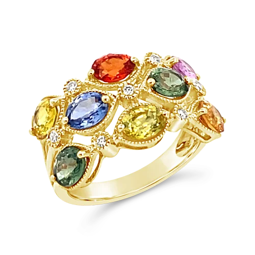 women’s custom rings with sapphires and diamonds for engagement bands-Three Row Rainbow Sapphire Ring