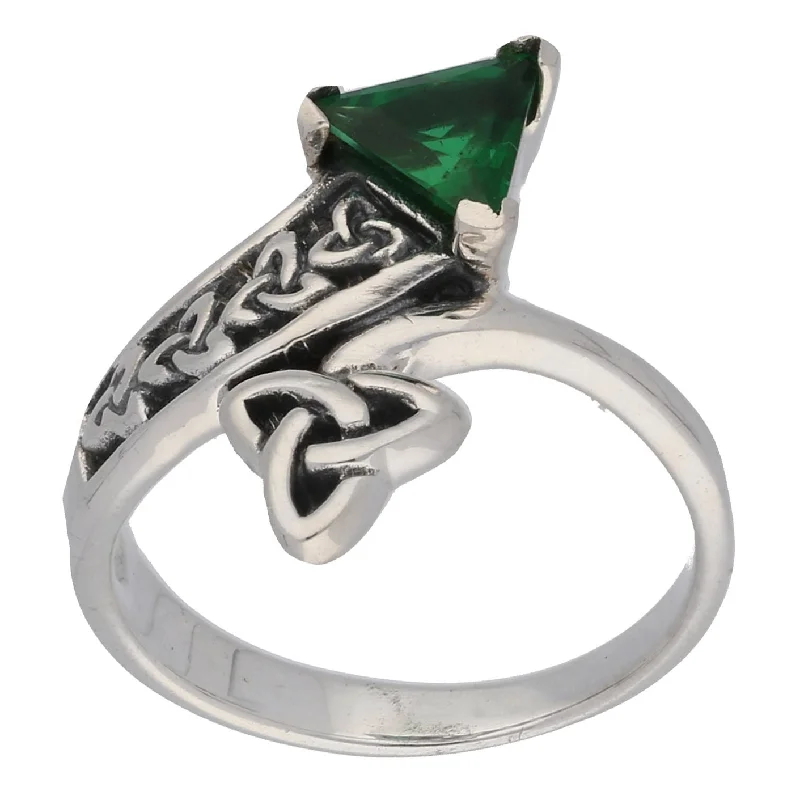 women’s engagement rings with sapphires for custom-made wedding bands-Triquetra Celtic Trinity Knot Green Glass Trillion Bypass Sterling Silver Ring